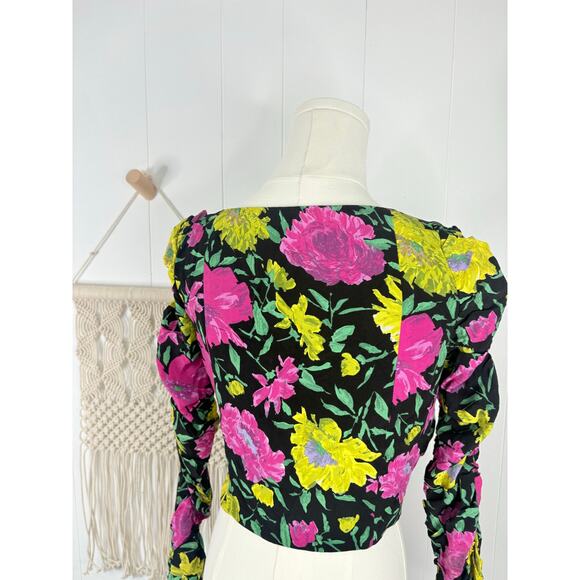 Zara Black Floral Long Sleeve Crop Top Womens Medium Sweetheart Babydoll - Picture 10 of 12